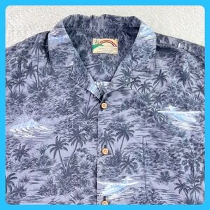 Paradise Found Hawaiian Shirt Men XL Gray Rayon Seaplane Tropical Made in Hawaii